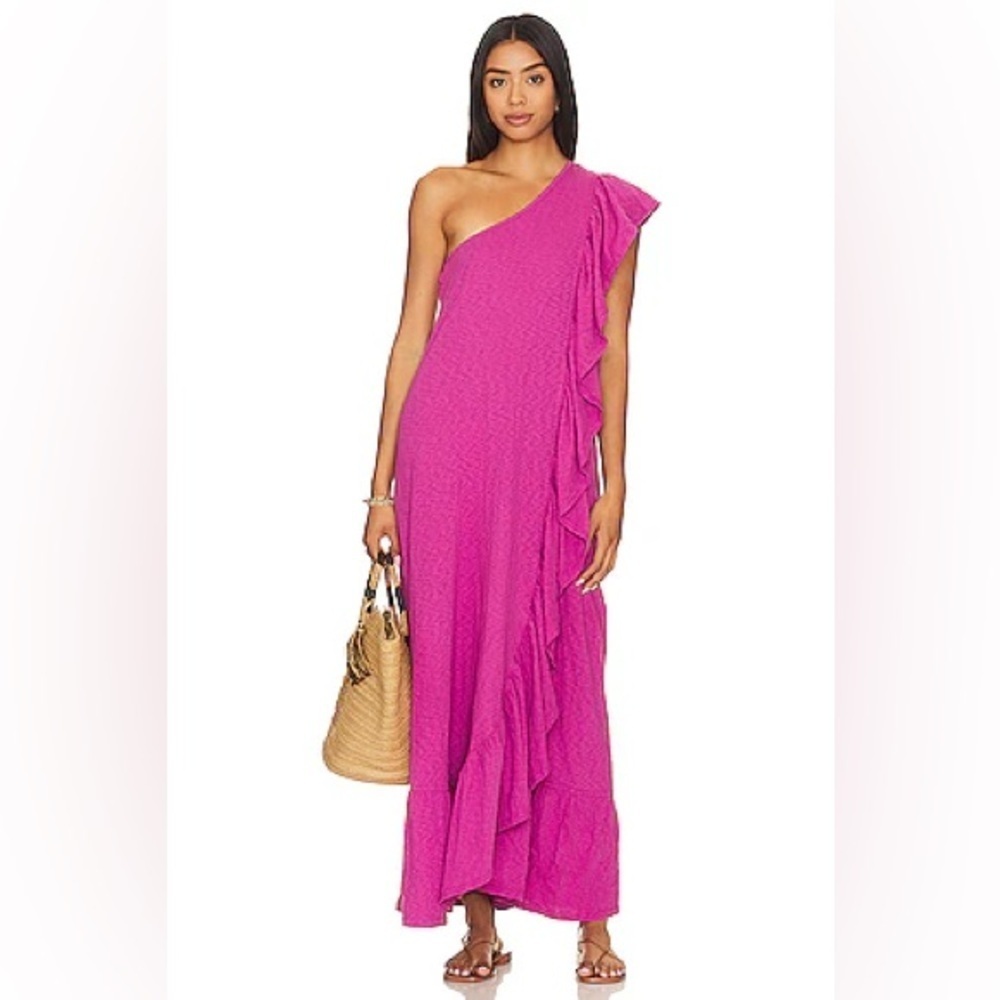 Free People Ruffle One Shoulder Maxi Dress sz M Raspberry